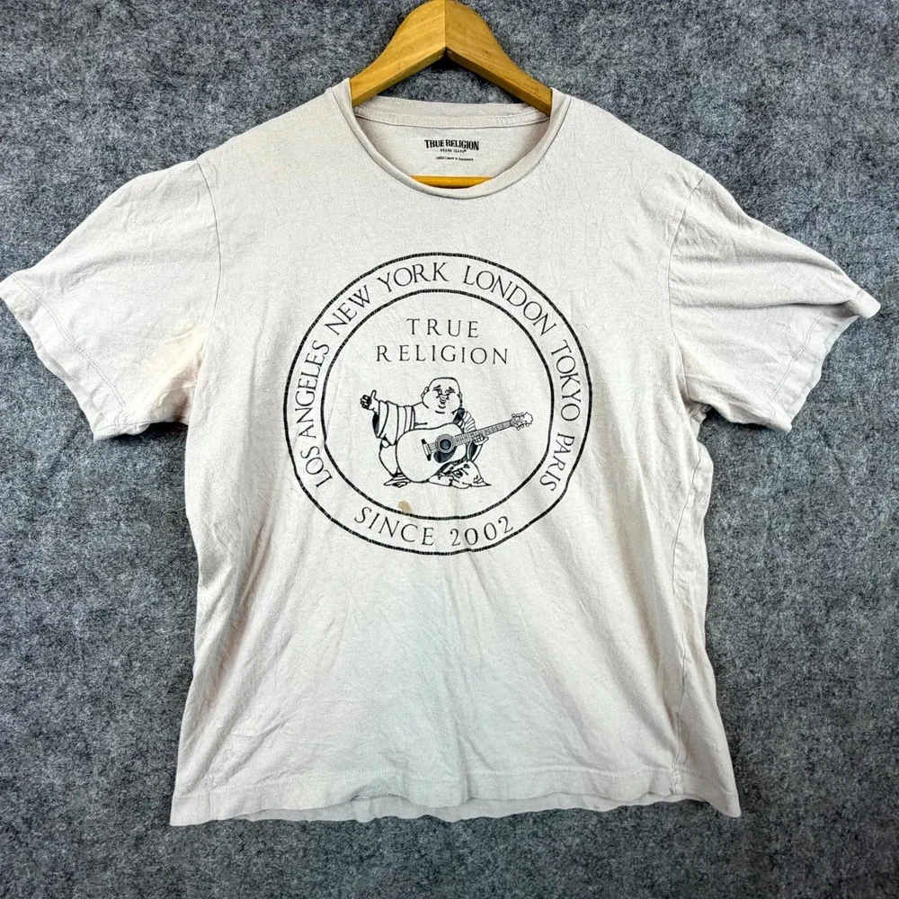True Religion T-Shirt Mens Large Beige Buddha Guitar Graphic Print Cotton Casual